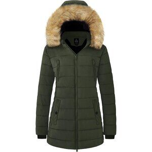 Women's Winter Snowy Weather Warm Puffer Jacket Coat Army Green Fur Puffer Hood